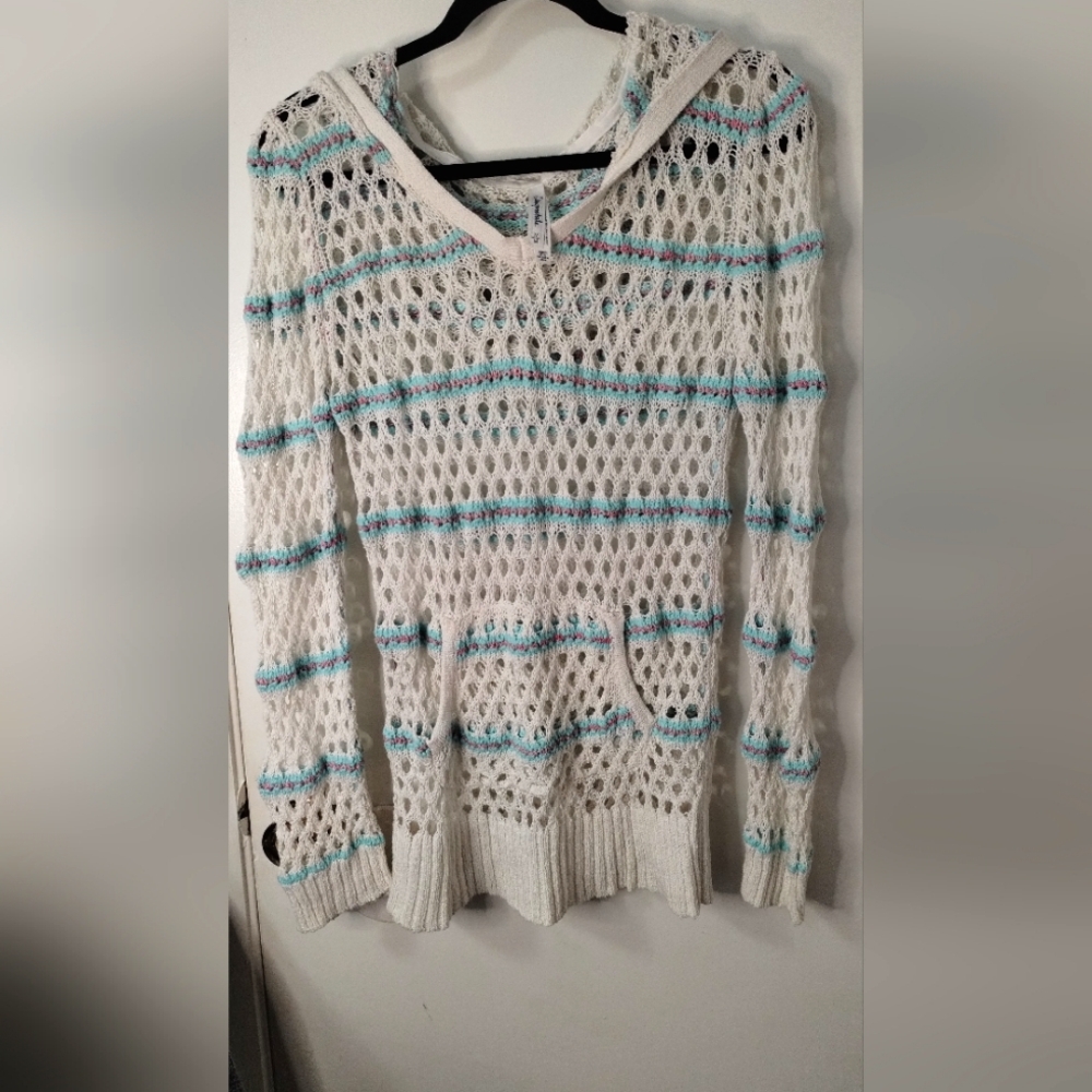 Aeropostale Size M Crochet Knit Hooded Sweater White w/ Blue Pink Stripes